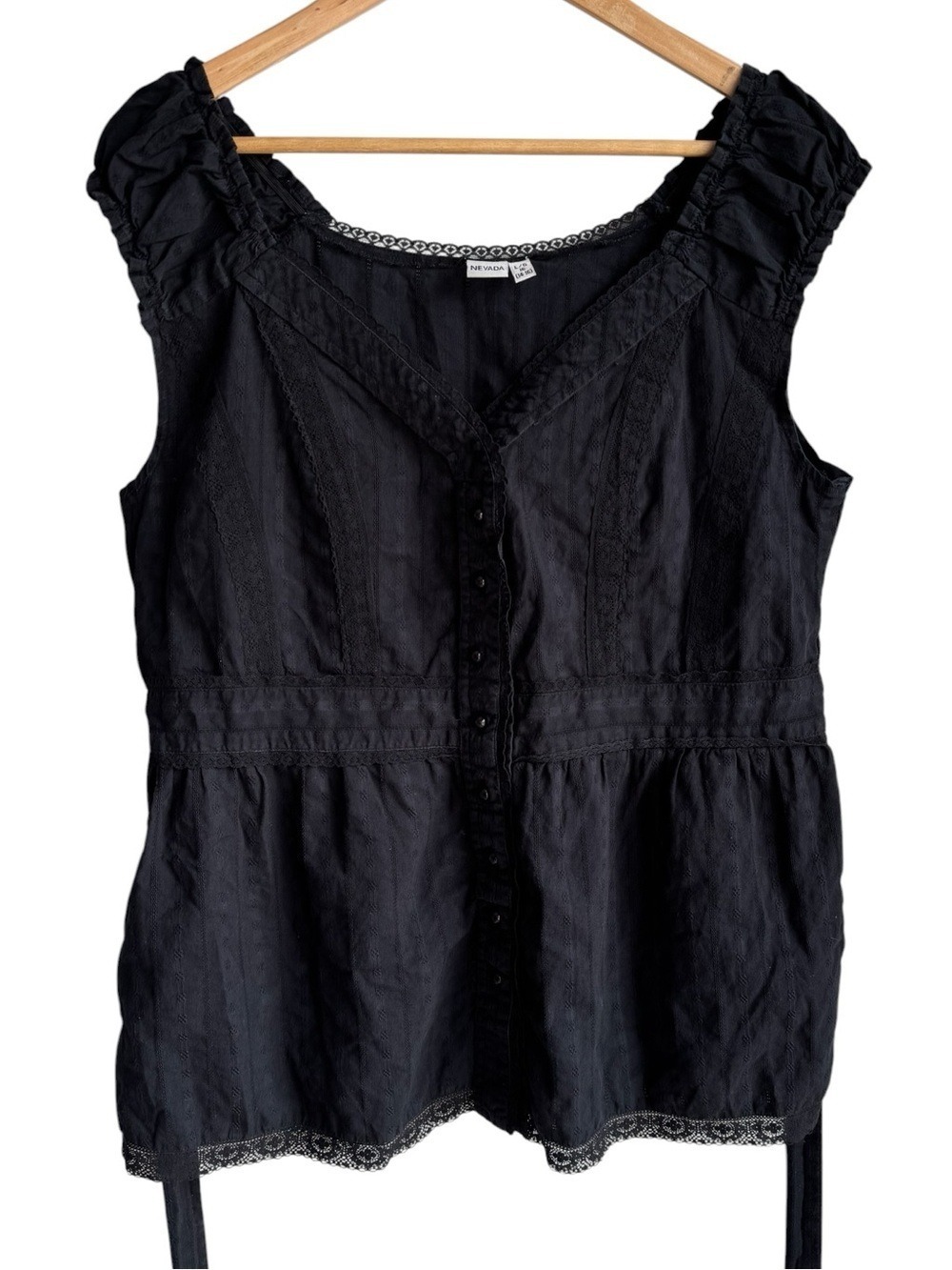 Vintage 100% Cotton Button Front Prairie Top Sz L Black Peasant Tie Back Blouse